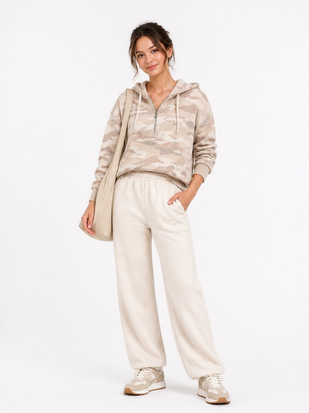 American Eagle Outfitters Beige Camouflage Zip-Up Sweater